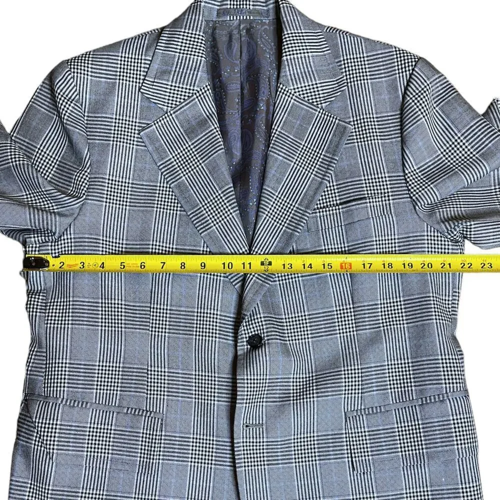 VTG Tailored Sport Coat Blazer Mens Glen Plaid Blue Gray Black White Custom 44R